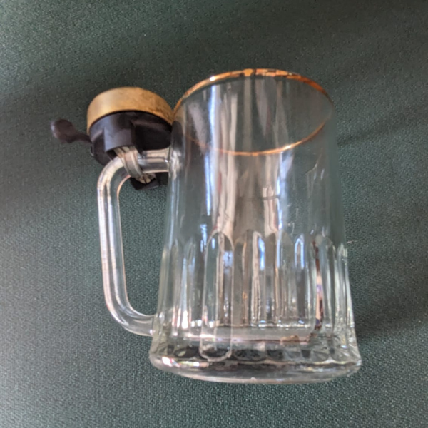 Vintage Glass Beer Stein with Gold Bell Ringer – Novelty Collectible Mug