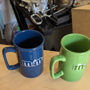 Set of 2 M&M’s Ceramic Coffee Mugs – Blue & Green Collectible Cups